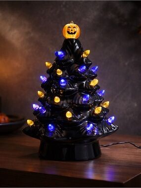 Mr Christmas Haunted Tree Ceramic Black 13 inch Pumpkin Orange Purple COMPLETE